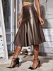 Rose Beauty A Elegant Vintage High Waist Zipper Side Pleated Ruffle Hem PU Leather Midi Skirt