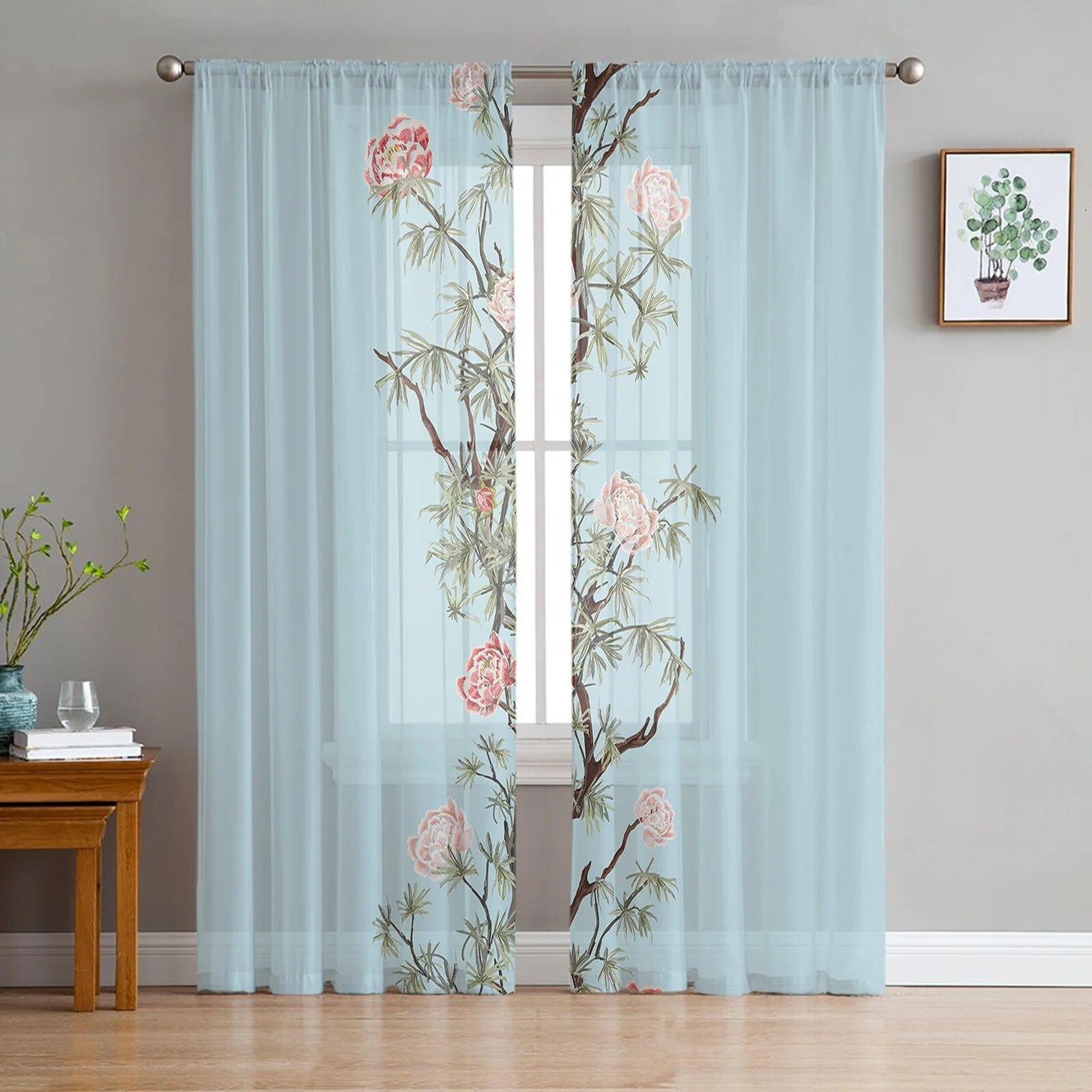 Fujiman Flower Bloom In Spring Tule Gordijnen voor Woonkamer Slaapkamer Transparant Gordijn voor Balkon Hal Mode Bedrukt Huisgordijnen 135W x 114H(cm)