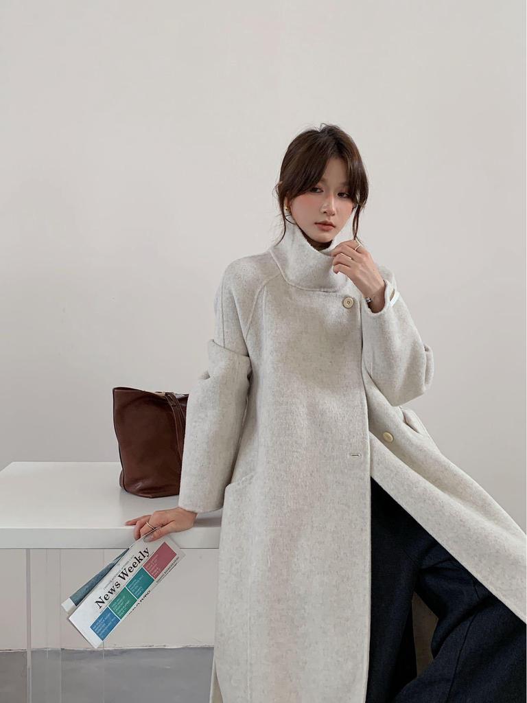 Hepburn-Style Stand-Up Collar Double-Faced Wool Coat for Women - Extra-Long, High-End, Tie-Up Design for Autumn and Winter 2025