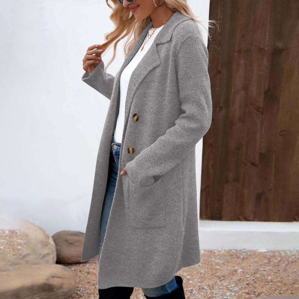 Women's Lapel Long Sleeve Mid-Length Woolen Coat Loose Fit Casual Fall Winter Blazer Jacket