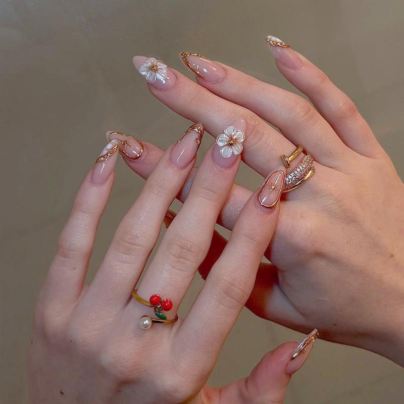 24PCS 3D Golden Flowers Almond Press on False Nails Pink Blush French Simple Fake Nails for Women Girls Wearable Manicure Tools