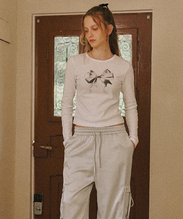 RONRON Double Ribbon Slim Crop Long Sleeve White Silver
