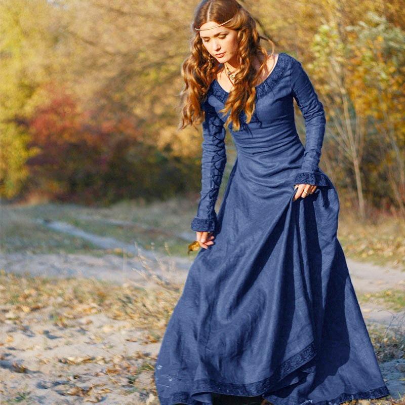 Medieval Retro Long-Sleeved Women's Dress: Party Costume for Stage Performance