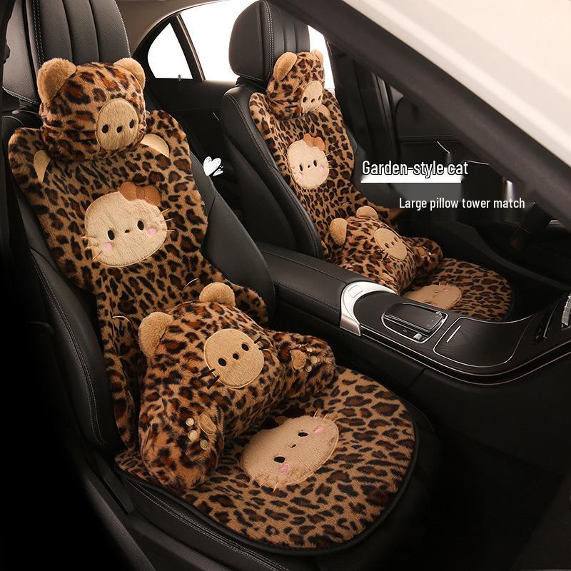 Leopard Print Kitten Cartoon Winter Plush Car Seat Cushion for ORA Good Cat, Ballet Cat, or Lightning Cat