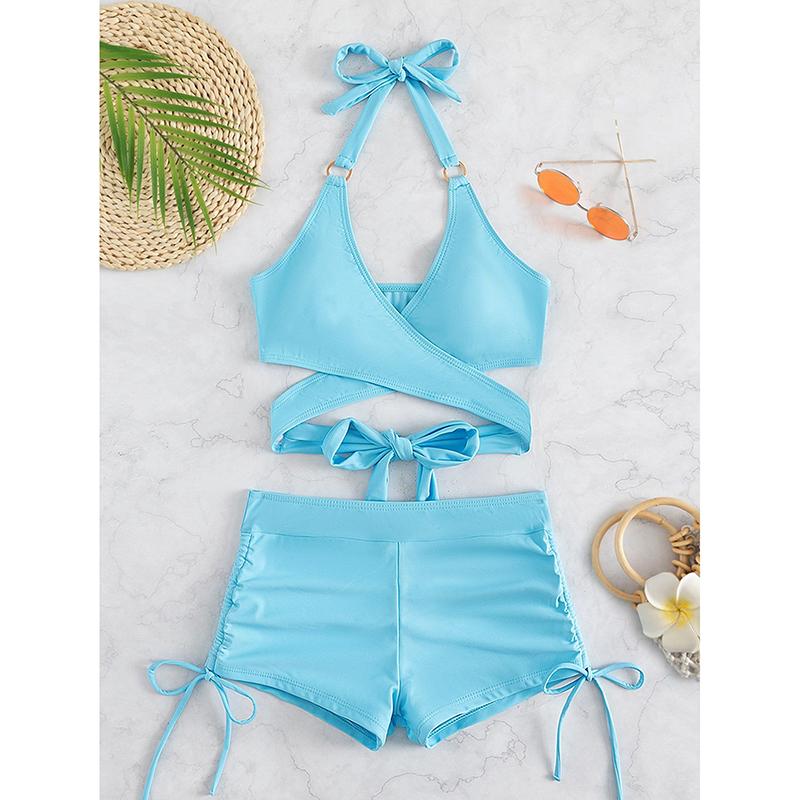 Sexy High Waist Two-piece Bikini Women's Solid Hollow Swimsuit Cross Gathered Swimwear Summer Drawstring Beach Bathing Suit