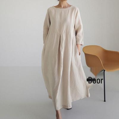 Vestido de Algodón Lino Talla Grande Oversize 2024, Cuello Redondo, Falda Acampanada Color Sólido - Estilo Japonés Coreano