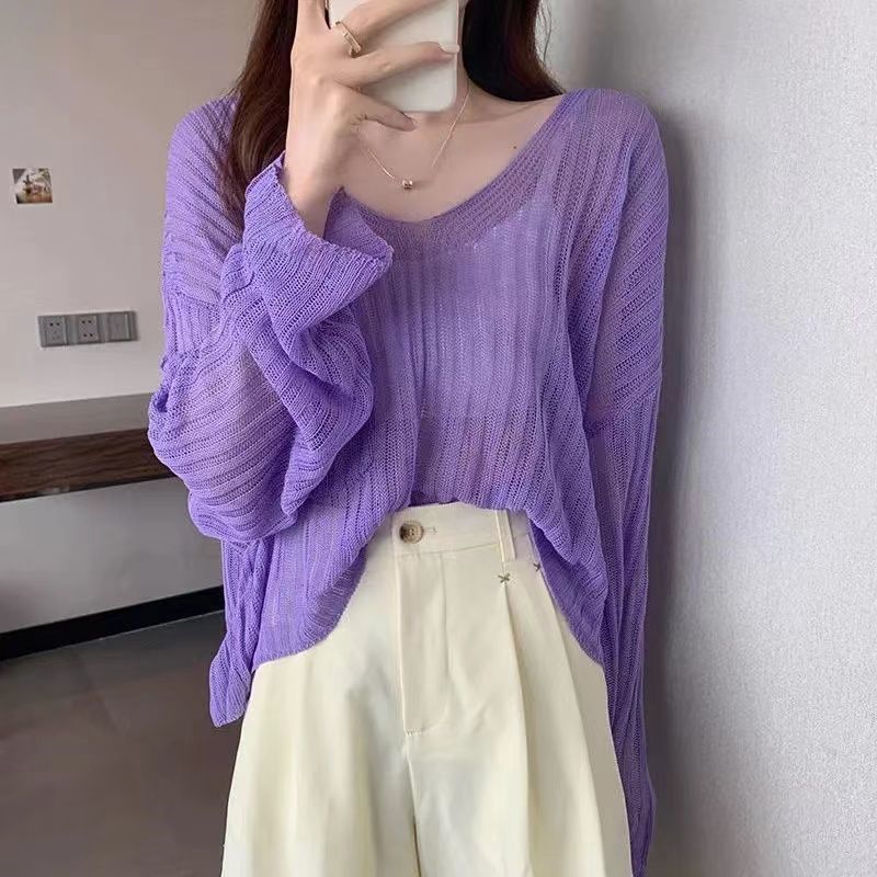 

Трикотажный свитер Ice Silk для женщин, весна-лето, рубашка с V-образным вырезом и кондиционером, тонкий вырез, солнцезащитный топ с вырезом One Size фиолетовый