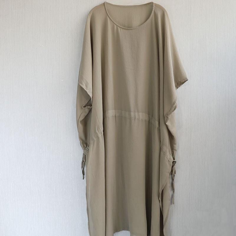 

Johnature Women Vintage Soft Dress O-Neck Bat Sleeve Summer Solid Color Bandage Female Dress One Size светло-серый