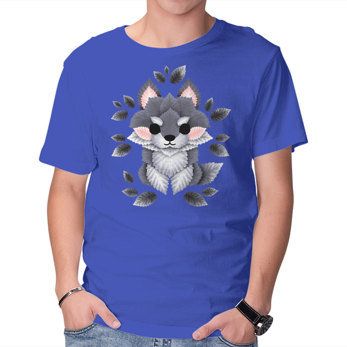 Unisex Crew Neck T-Shirt Little Wolf Of Leaves Graphic Short Sleeve Casual Tee L