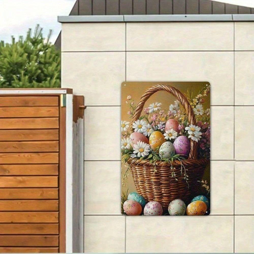 Vintage Farmhouse Easter Floral Metal Poster, Egg Basket Wall Decor for Living Room