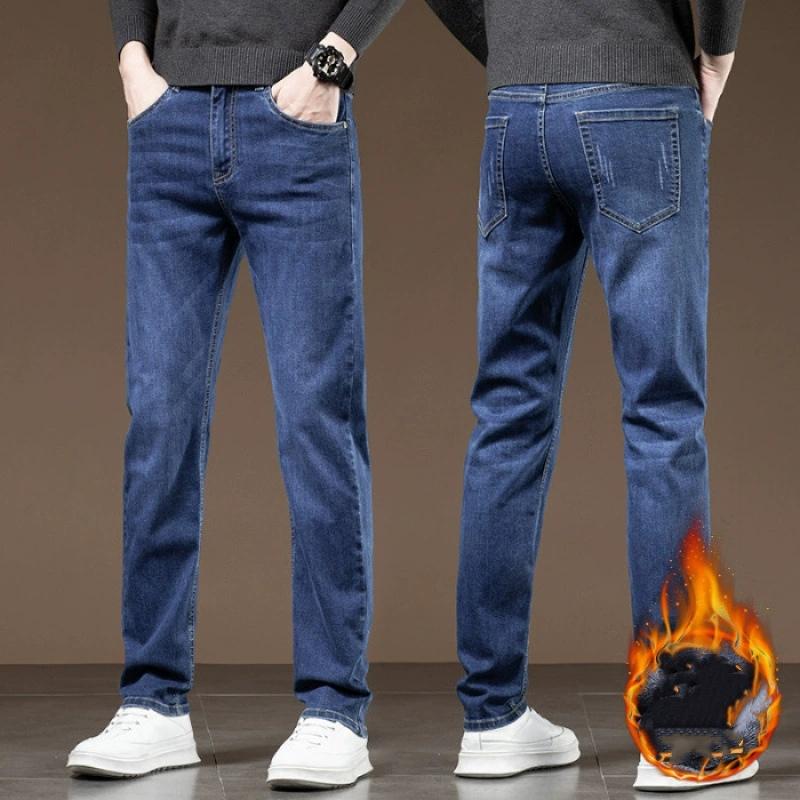 Winter Fleece Jeans Men's Fashion Elastic Slim Straight Warm Trousers Thicken Business Casual Korean Thermal Denim Pants