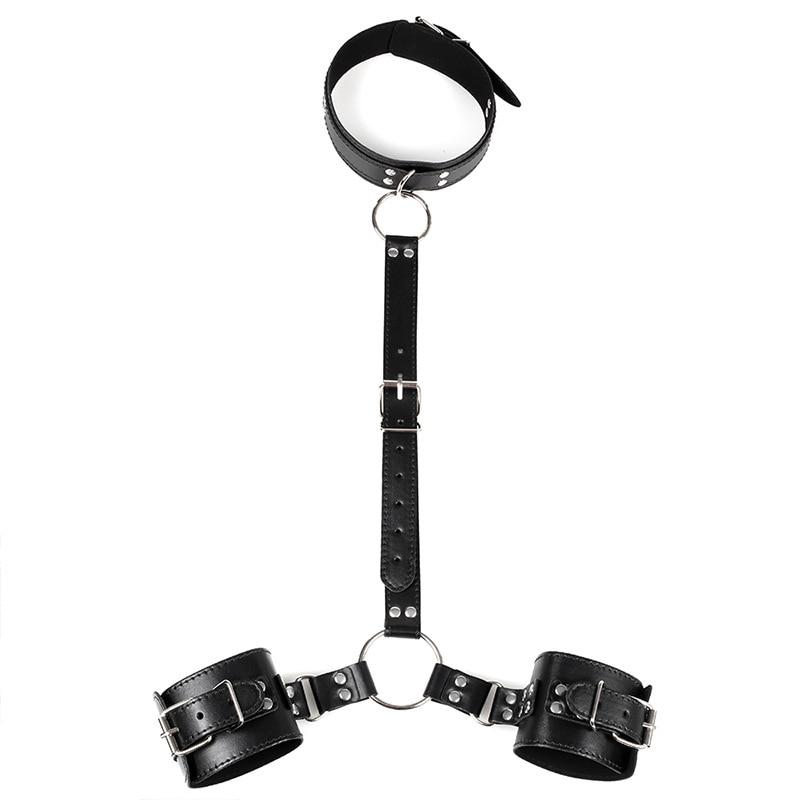 Leather Hand Neck Tie Bind Handcuffs Instruments Of Training Sex Toy For Flirting Tools SM Hand Neck Traction Control