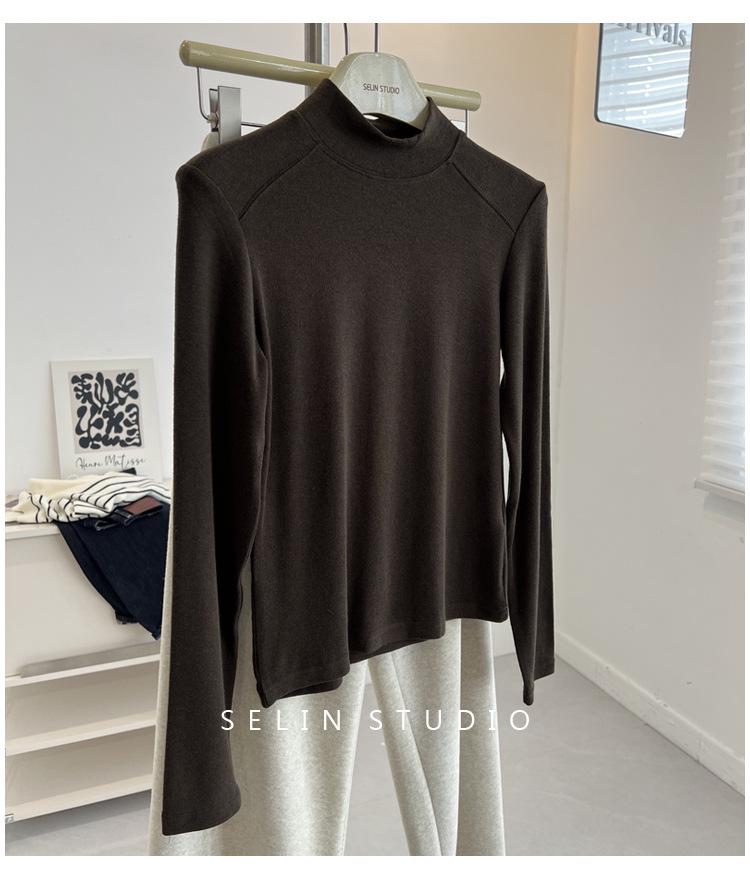 Korean-Style Double-Sided Oreo Fleece Half-Turtleneck Warm Base Layer Top for Women - Long-Sleeve Winter T-Shirt