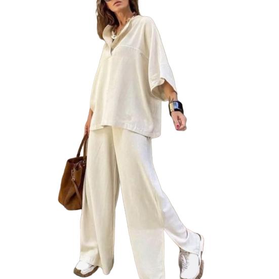 Women's Two-Piece Outfit Oversized 3/4 Sleeve Pullover Top And Wide Leg Pants Set Fall Casual Loose Lounge Set