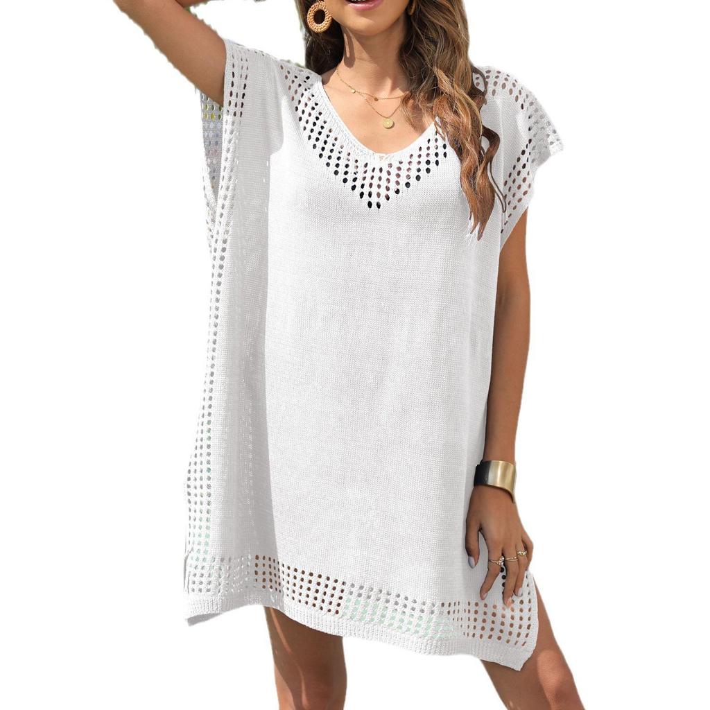 Blouse V-neck Hollow Stitching Loose European and American Ladies Dress Seaside Beach Skirt