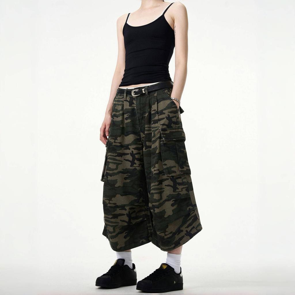 Camouflage Unisex Loose Capris Street Style Cargo Shorts Casual Bottom Female Calf-length Pants