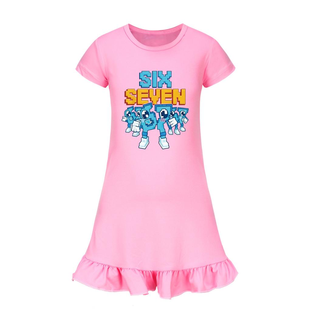 5195 Kids Girls Steal a Brainrot 67 Six Seven Printed Ruffle Short Sleeves Casual Dress