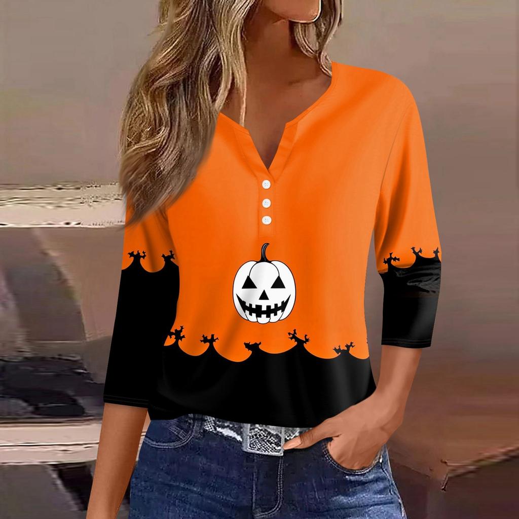 Damen T-Shirt Tee Halloween Bedruckt Knopf 3/4 Ärmel Tunika Täglich Wochenende Mode Basic V-Ausschnitt Reguläres Oberteil
