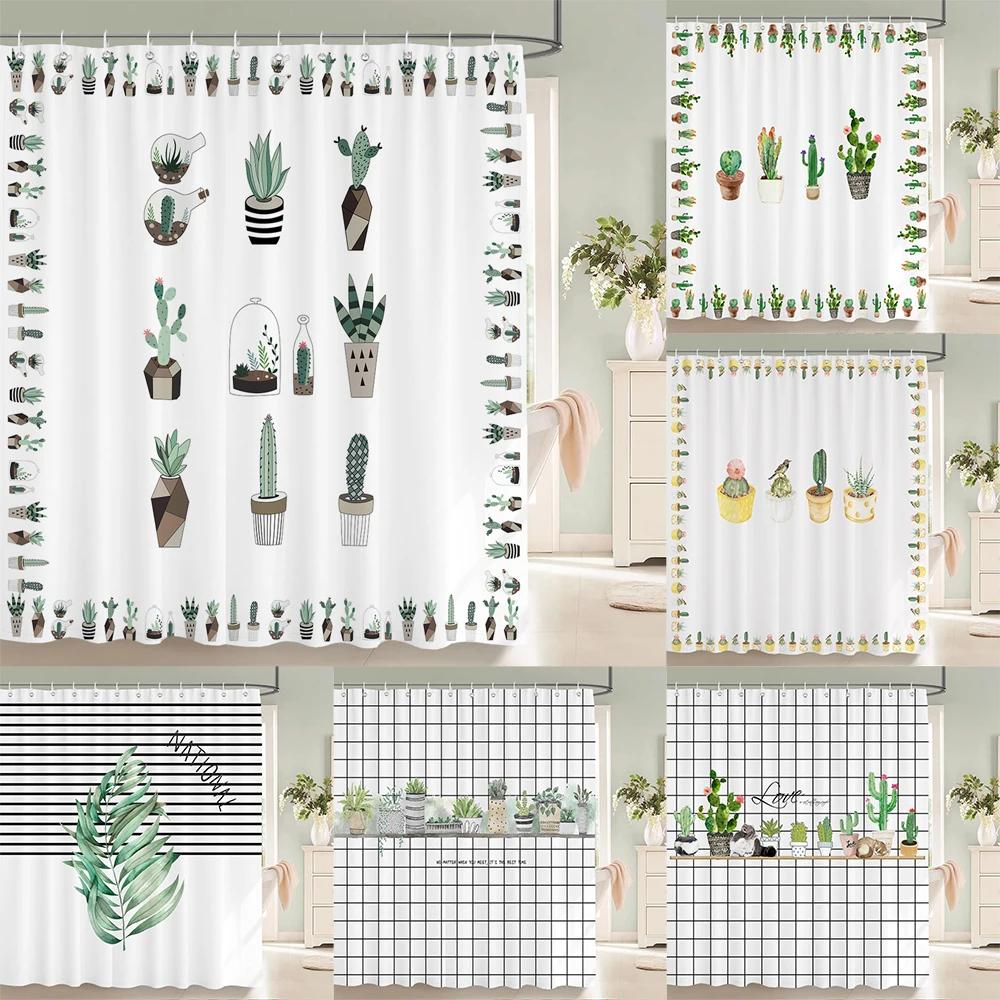 Tropical Plant Cactus Shower Curtain 180cm *180cm with Hooks, Floral Waterproof Shower Curtain, Shower Curtains for Bathroom
