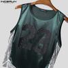 INCERUN Men O Neck Sleeveless Letter Print Lace Patchwork Cropped Irregular Tank Tops