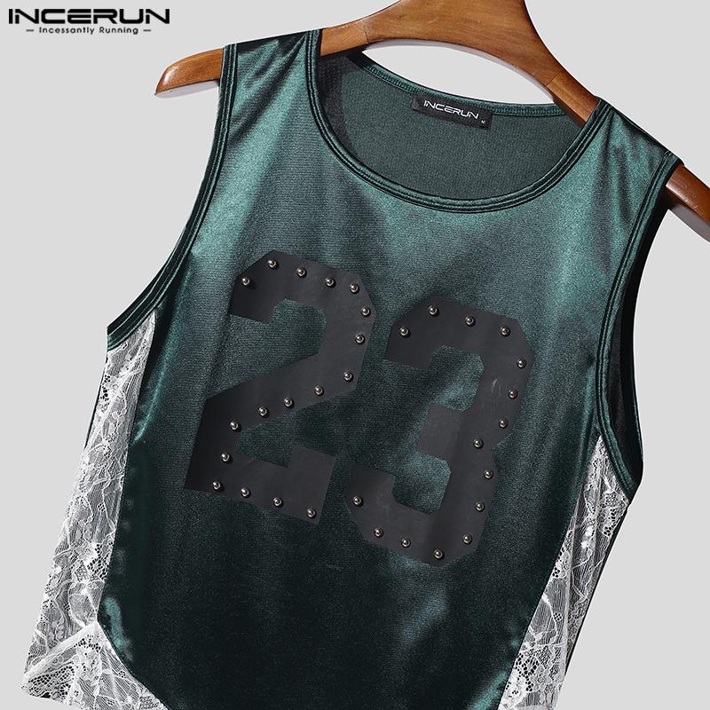 INCERUN Men O Neck Sleeveless Letter Print Lace Patchwork Cropped Irregular Tank Tops