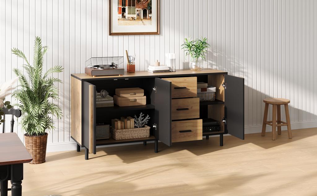 Sideboard 140x35x70 cm, MDF, 3 Doors and 3 Drawers, Side Cabinet, Modern Cabinet with 6 Metal Legs for Living Room, Black + Natural Wood Color