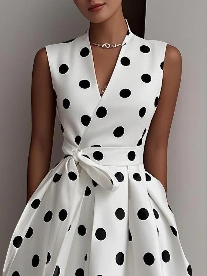 Hepburn Style Retro Sleeveless Polka Dot Evening Dress with Large Hem