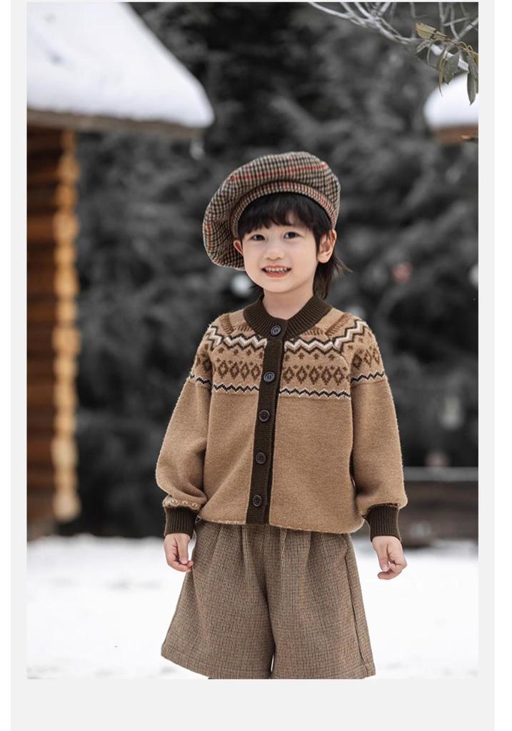 Cardigan Jacquard Britannico Retro per Bambini - Ragazzi e Ragazze Maglieria Autunno/Inverno 2025.