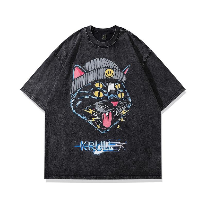 

Хлопковые мужские футболки с круглым вырезом и принтом кошек, повседневные топы с короткими рукавами L чёрный