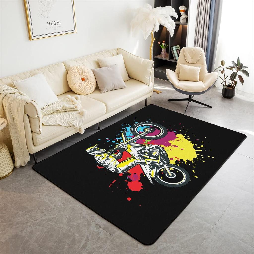Teen Dirt Bike Area Rug for Living Room Motocross Rider Floor Mat Motorbike Extreme Sport Carpet Snow Mountain Landscape Doormat