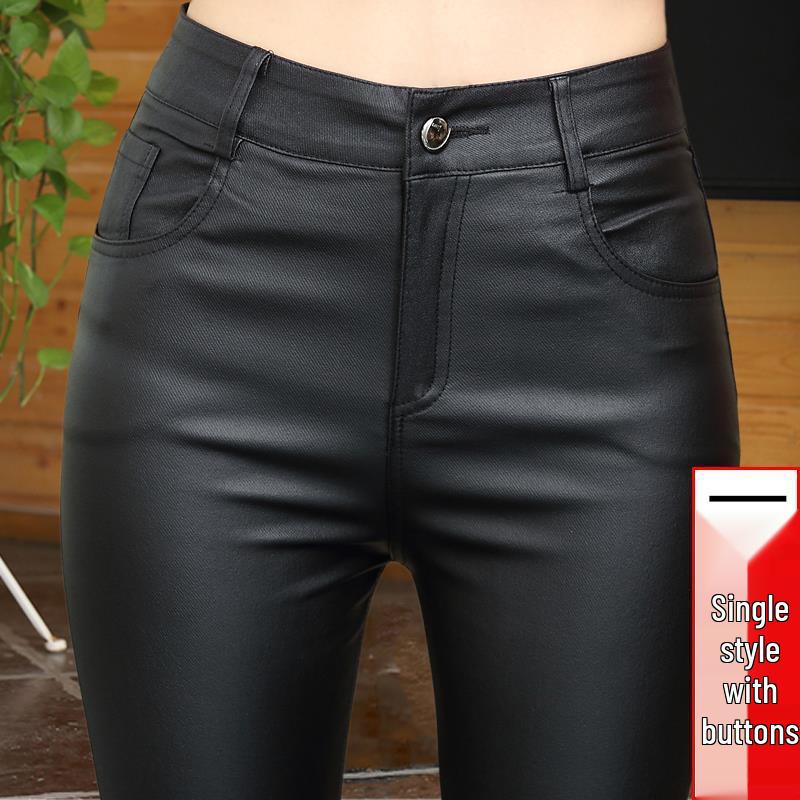 Women's High-Waist Matte Leather Skinny Pants - Elastic, Slimming, Plus Velvet, Autumn/Winter 2025.