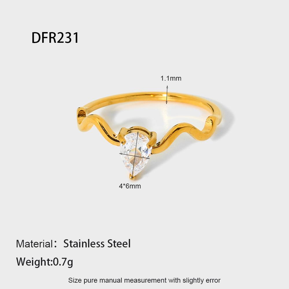 Ins Fashion Temperament Inlaid Water Drop Zircon Wave Ring Plated 18k Gold Stainless Steel Stacked Plain Ring Ring