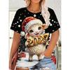 Women's Crew Neck Short Sleeve T-Shirt, Watercolor Wind Wearing Christmas Hat Happy Lamb Print Casual Christmas Day Top