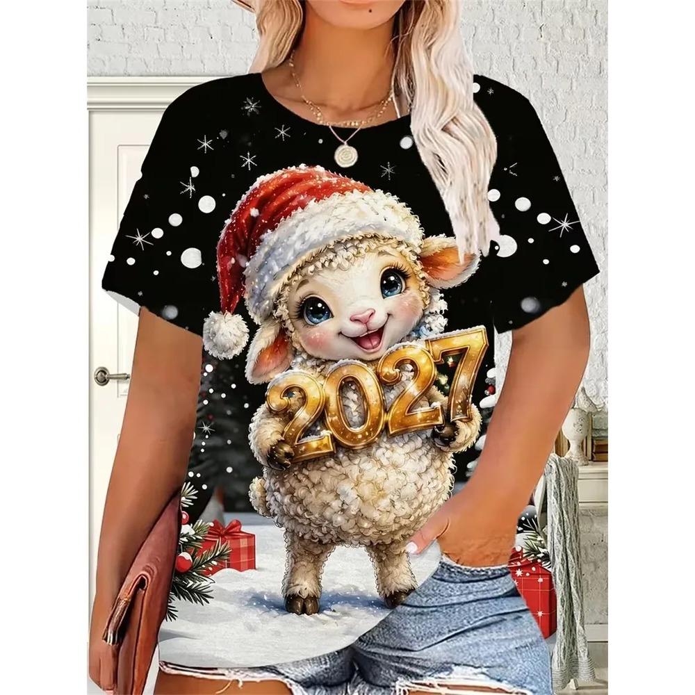 Women's Crew Neck Short Sleeve T-Shirt, Watercolor Wind Wearing Christmas Hat Happy Lamb Print Casual Christmas Day Top