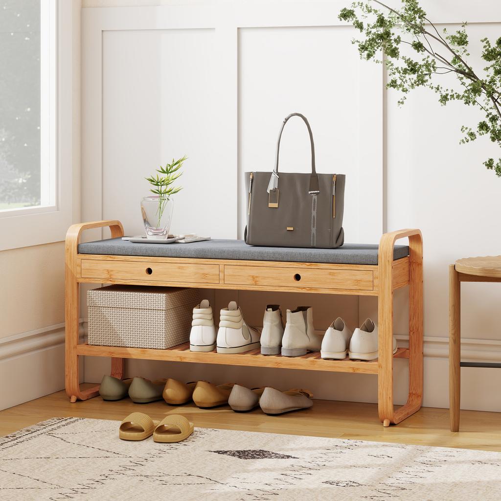 Shoe Bench With 2 Drawers Cushioned Seat Shoe Storage Bench For Hallway 105 Cm Natural And Grey
