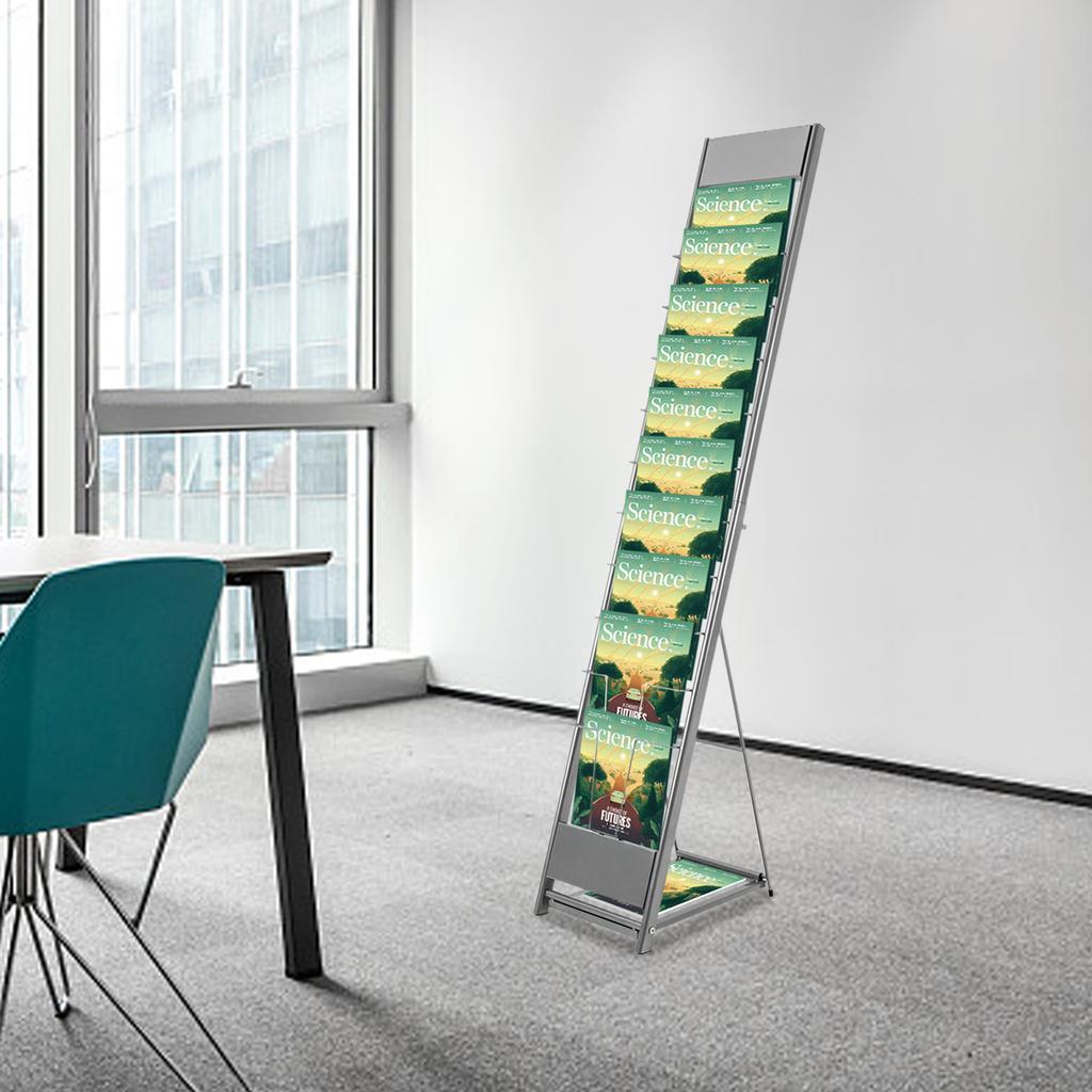 10-Tier Iron Magazine Rack Floor-Standing Heavy-Duty Literature Display Stand 110LBS Load-Bearing Foldable for Office/Bookstore