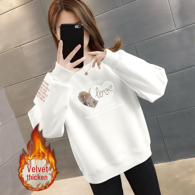 Women's Plus Size Round Neck Loose Slimming Hoodie - Velvet/No Velvet, Fashionable for Spring, Autumn, Winter