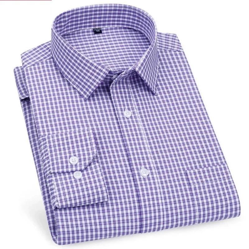 Men's Business Casual Shirts Purple Blue Cotton Regular Fit Long Sleeve Classic Plaid Striped Checked Social Work Dress Shirts