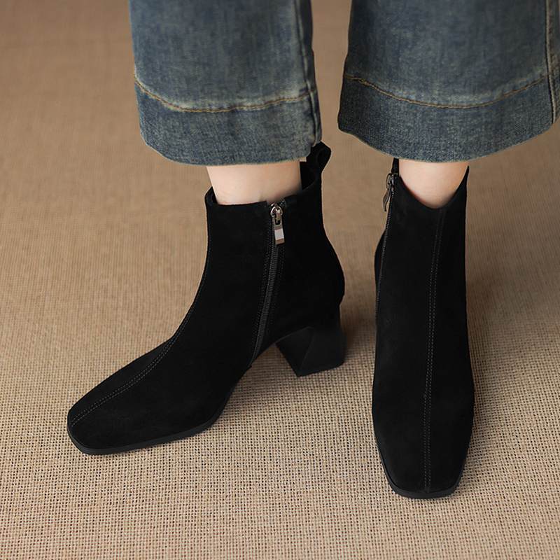 Krazing Pot Cow Suede Nubuck Winter Square Toe Modern Boots Thick High Heels Zipper Women Ankle Boots