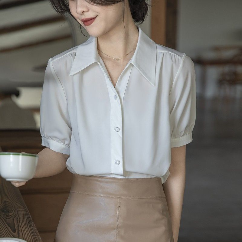 Cămașă Retro Albastră cu Mânecă Scurtă pentru Femei, Nouă, Formală, pentru Navetă, Top pentru Primăvară și Vară