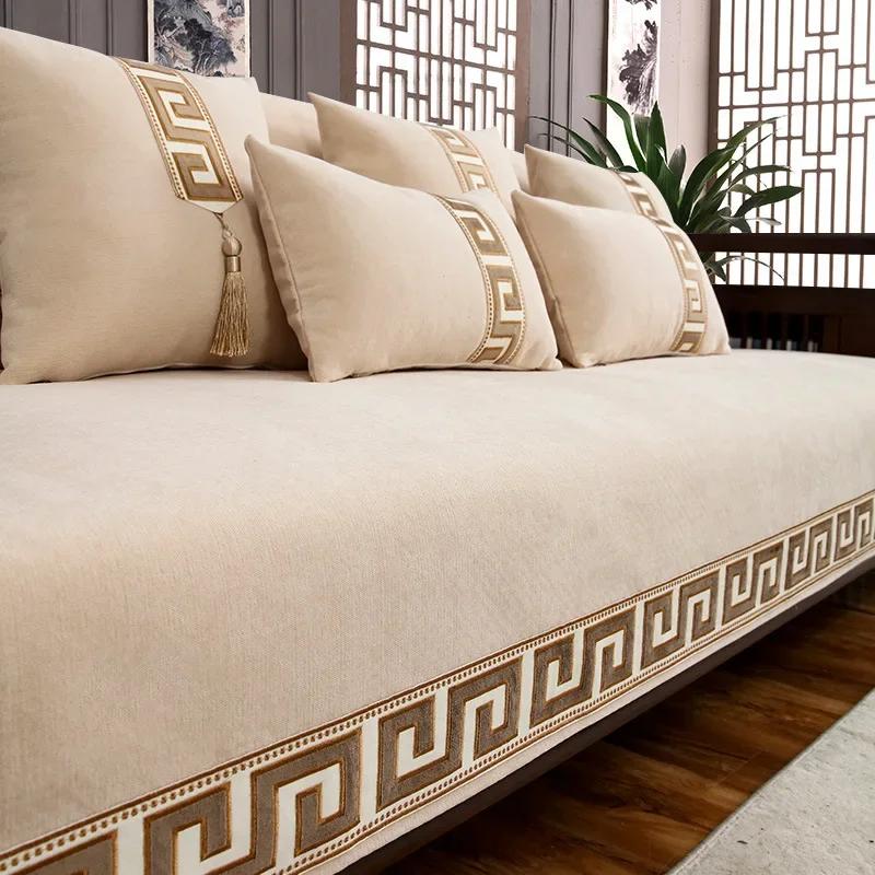 Chinese Style Chenille Sofa Cover Four Seasonal Universal Solid Wood Sofa Seat Cushion Joyful Anti Slip Red Chair Cushion Cover