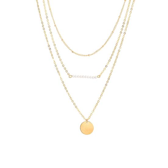 Women's Stylish Faux Pearls Polished Coin Charm Pendant Three Layers Necklace