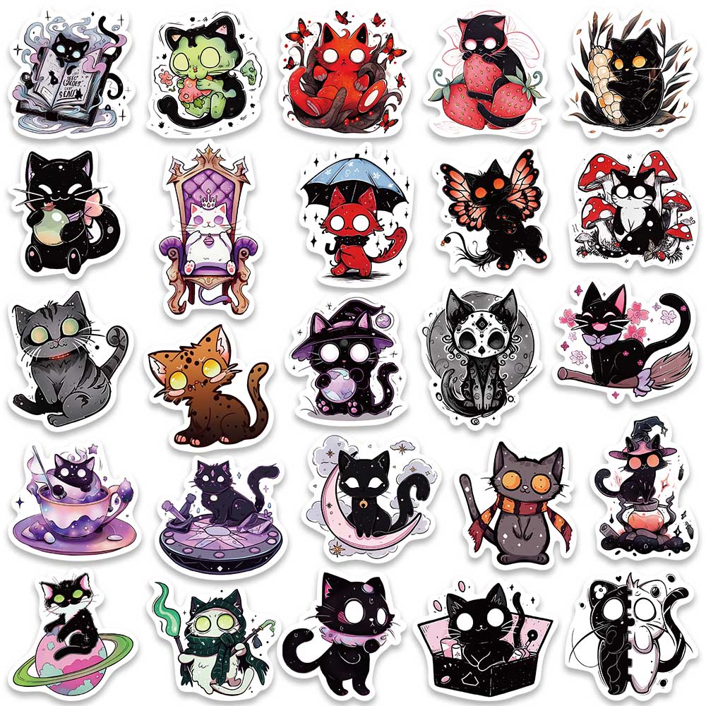 50Pcs Kawaii Magic Witch Cat Kitty Gothic Cartoon Graffiti Stickers Decal Stationery Laptop Fridge Suitcase Bottle Phone Sticker
