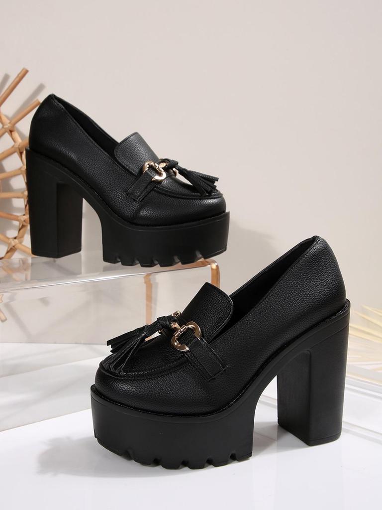 Women's Chunky Heel High Heel Shoes with Tassel Decoration - 2025 Autumn Collection in Plus Sizes