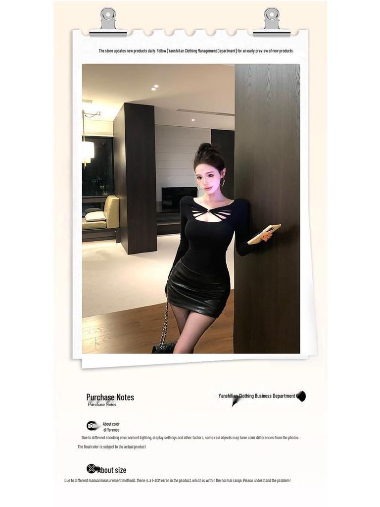 Spicy Girl Hollow Black Long-Sleeve Slim-Fit T-Shirt - Stylish and Versatile Spring Design