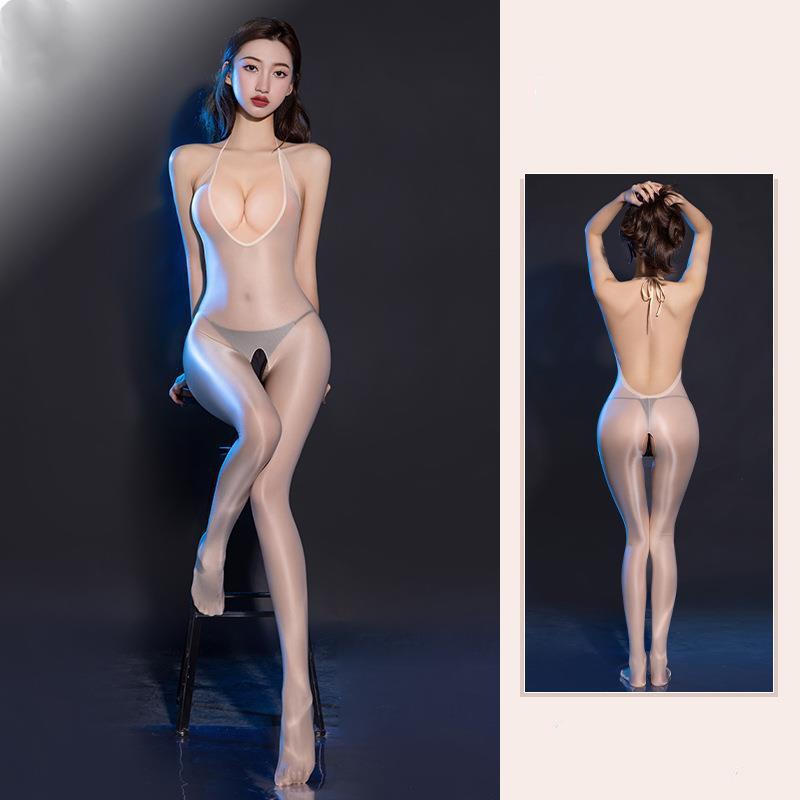 Sexy Women Suspenders Backless Crotchless Bodysuit Sheer Open Crotch Erotic Tights Glossy Jumpsuit One-piece Body Stockings