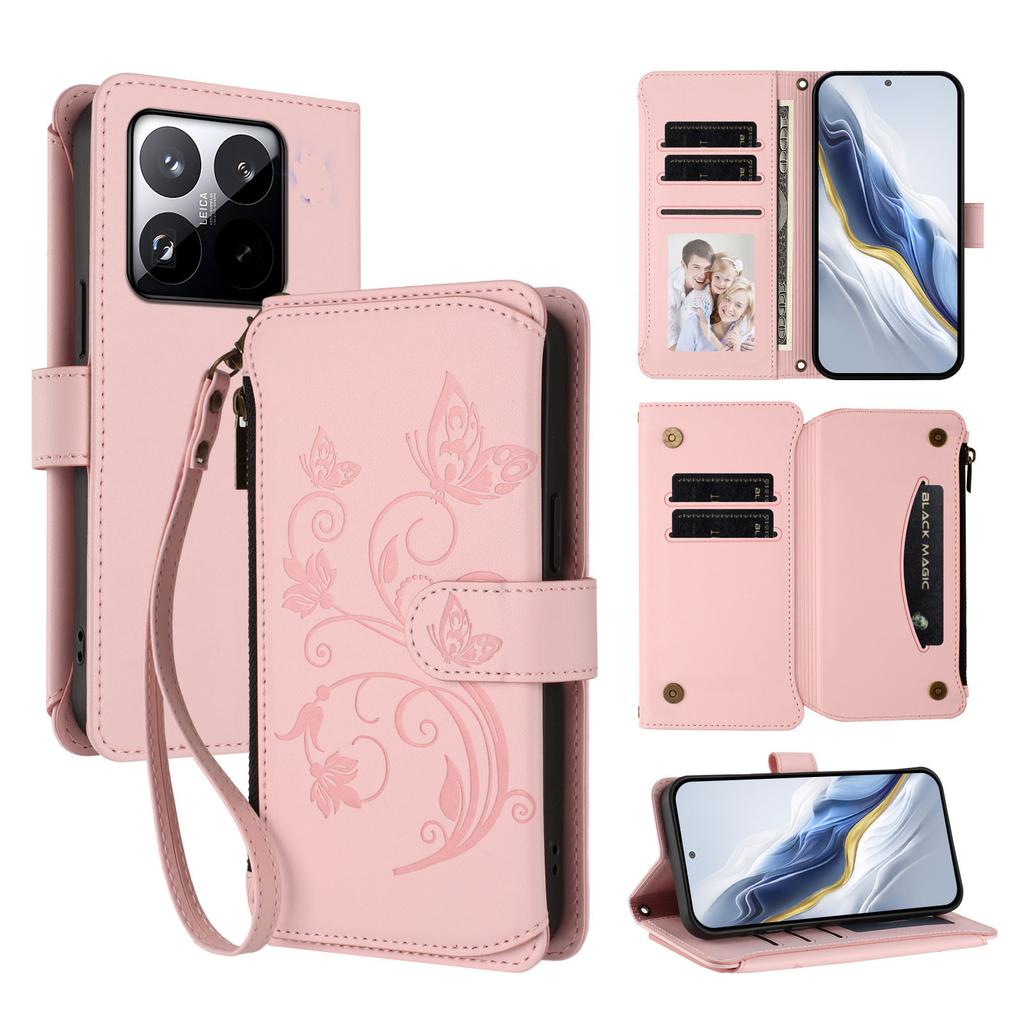 For Xiaomi 15T Leather Case Butterfly Floral Imprint Zipper Wallet Stand Cover with Wrist Strap
