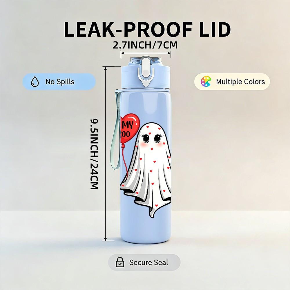 1PC Single Ghost With Red Heart Print 750ml Color Plastic Sports Water Bottle Leakproof Flip Straw Lid Suitable for Sports Office Home Use