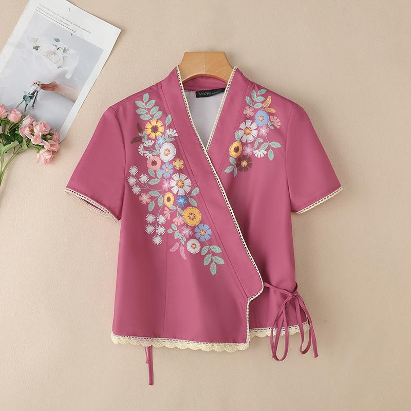 

ZANZEA Женская повседневная летняя блузка с V-образным вырезом и короткими рукавами с цветочным принтом S розовый