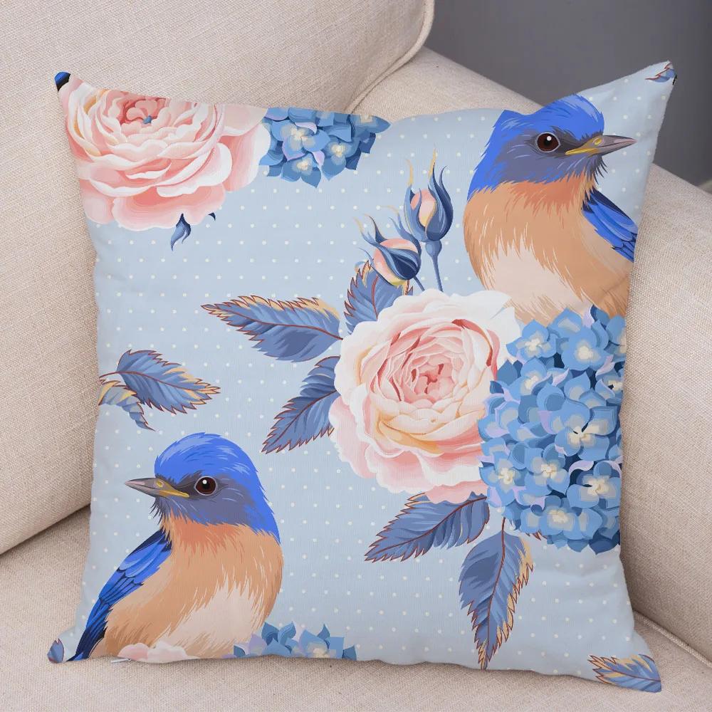 Nordic Style Rose Flower And Birds Pillow Case Cushion Cover For Car Sofa Super Soft Plush Decor Flower Plant Animal Pillowcase